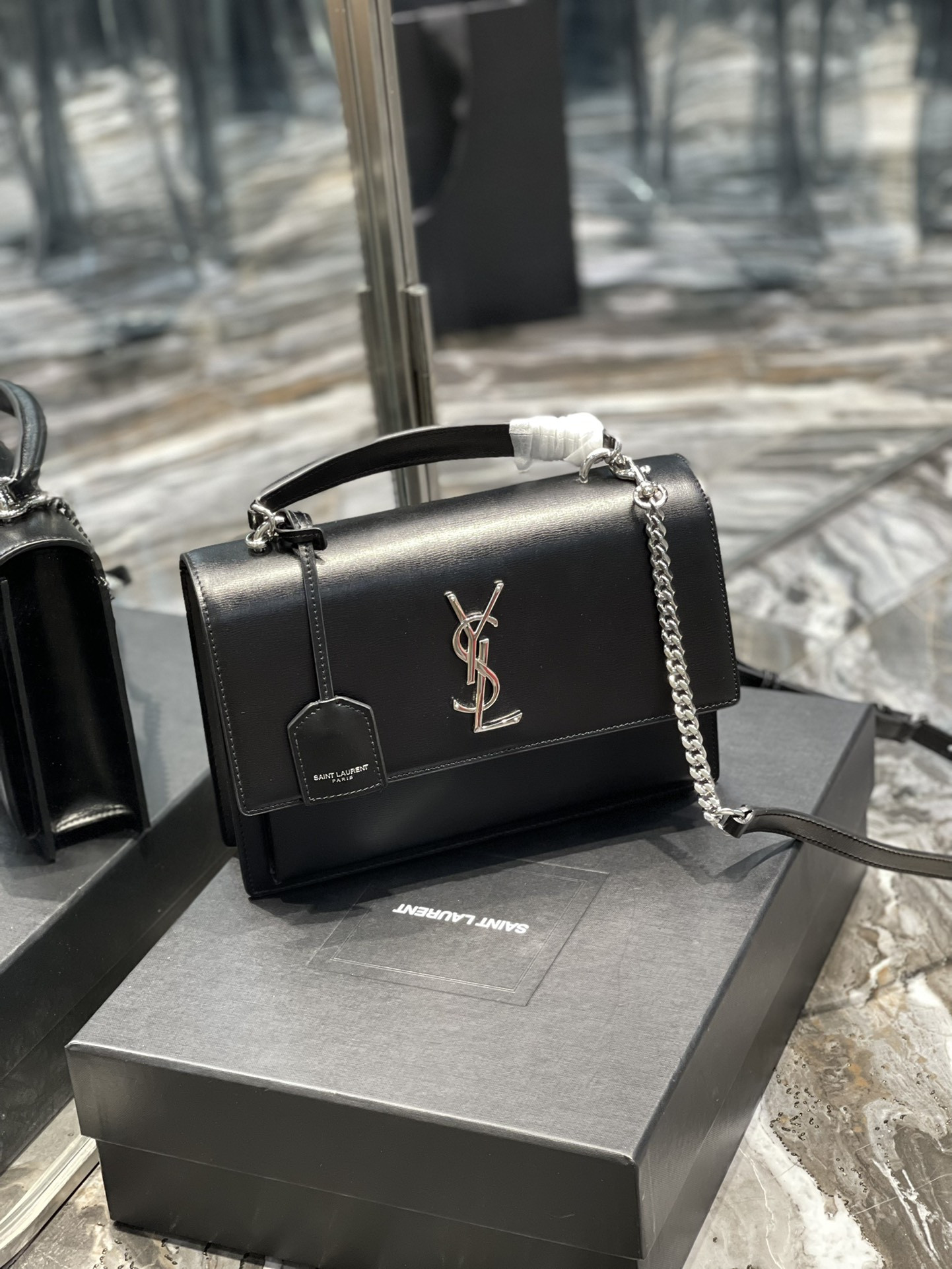 Ysl Sunset Medium Top Handle In Smooth Leather